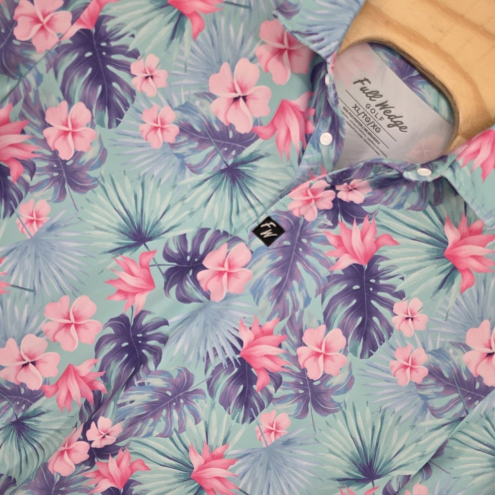 Full Wedge Golf Polo Shirt Mens XL Blue Tropical FW Performance Floral Wicking